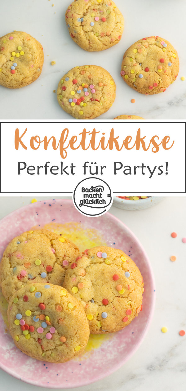 Konfetti-Cookies machen gute Laune! Diese Cookies mit bunten Streusel sind super einfach, schnell, lecker. Perfekt für Partys! 