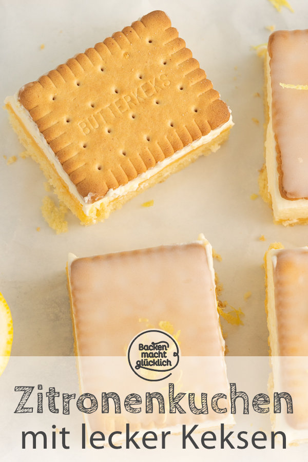 Himmlischer Butterkekskuchen mit Zitronencreme und Sahne. Dieser Blechkuchen kommt immer gut an! Perfekt für Geburtstage und Partys.