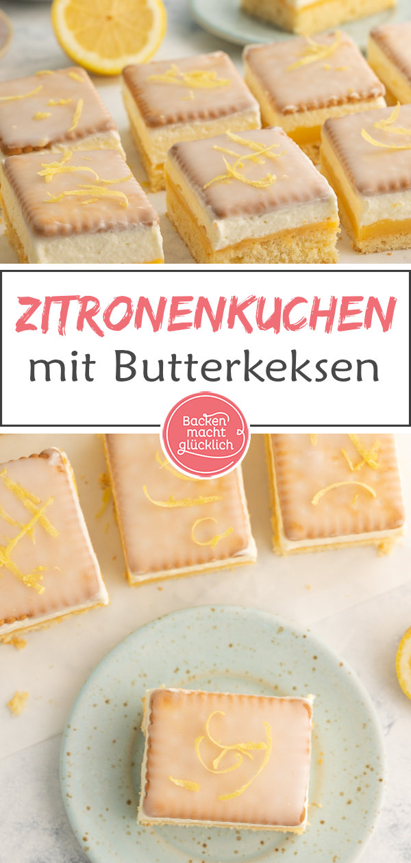Himmlischer Butterkekskuchen mit Zitronencreme und Sahne. Dieser Blechkuchen kommt immer gut an! Perfekt für Geburtstage und Partys.
