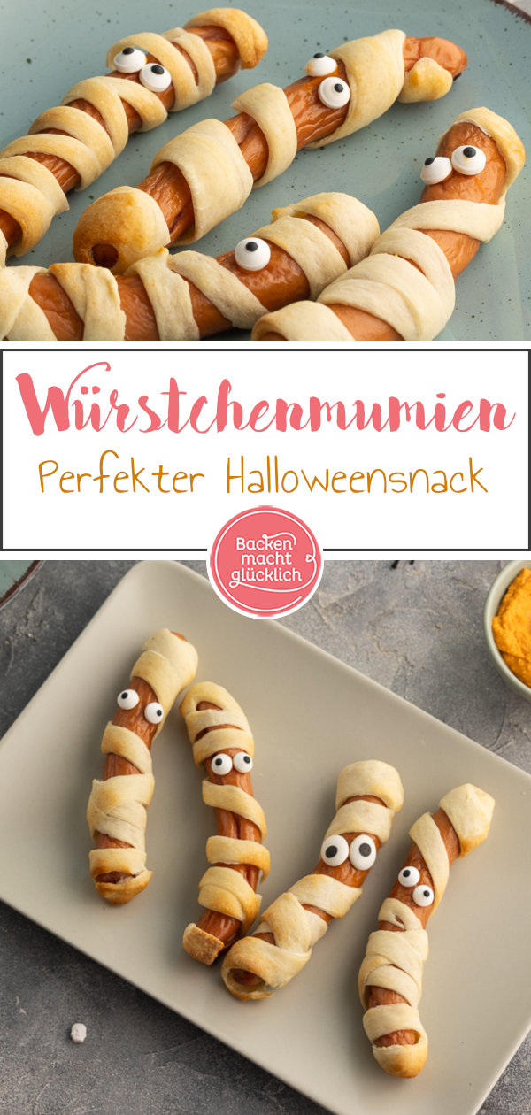 Einfache, blitzschnelle Würstchen-Mumien. Ein witziger herzhafter Snack für Halloween und Kinder-Partys.