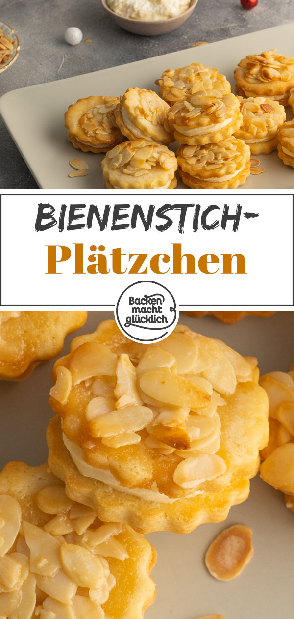 Himmlische Bienenstich-Plätzchen für Weihnachten mit Mandel-Karamell-Topping & Vanillepudding-Creme.