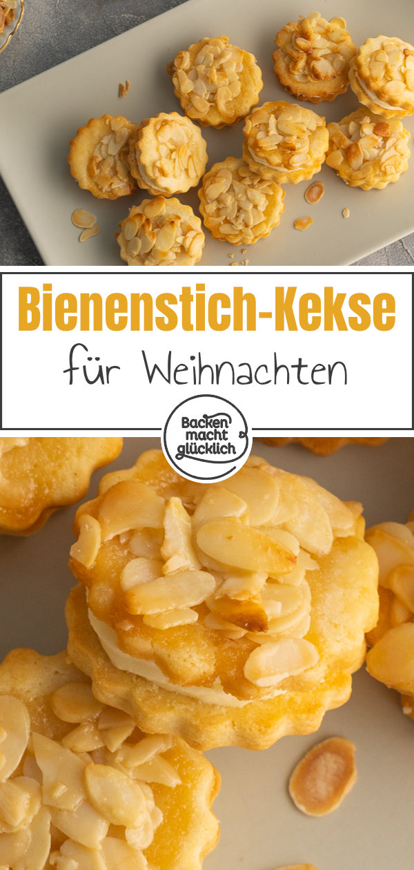 Himmlische Bienenstich-Plätzchen für Weihnachten mit Mandel-Karamell-Topping & Vanillepudding-Creme.
