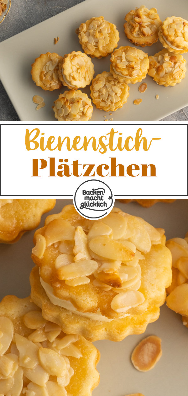 Himmlische Bienenstich-Plätzchen für Weihnachten mit Mandel-Karamell-Topping & Vanillepudding-Creme.