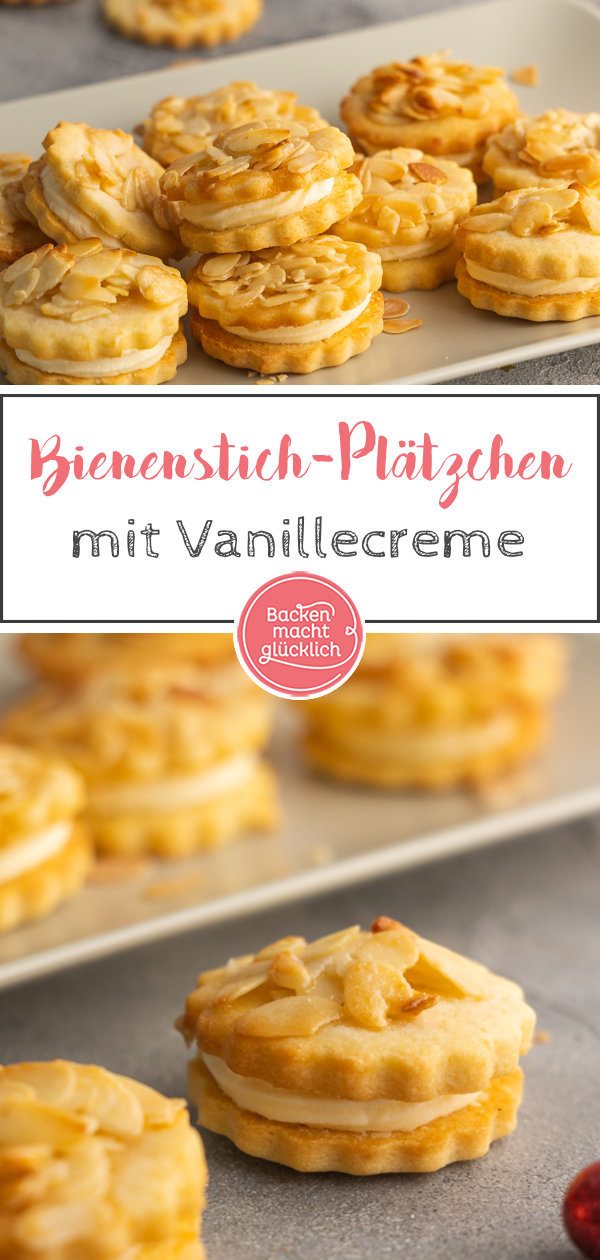 Himmlische Bienenstich-Plätzchen für Weihnachten mit Mandel-Karamell-Topping & Vanillepudding-Creme.