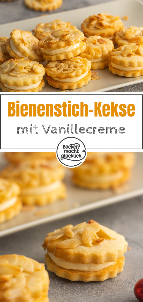 Himmlische Bienenstich-Plätzchen für Weihnachten mit Mandel-Karamell-Topping & Vanillepudding-Creme.