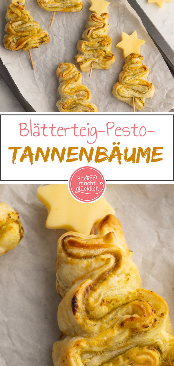 Herzhafte Tannenbäume mit Blätterteig und Pesto sind ein tolles pikantes Fingerfood für Weihnachten.