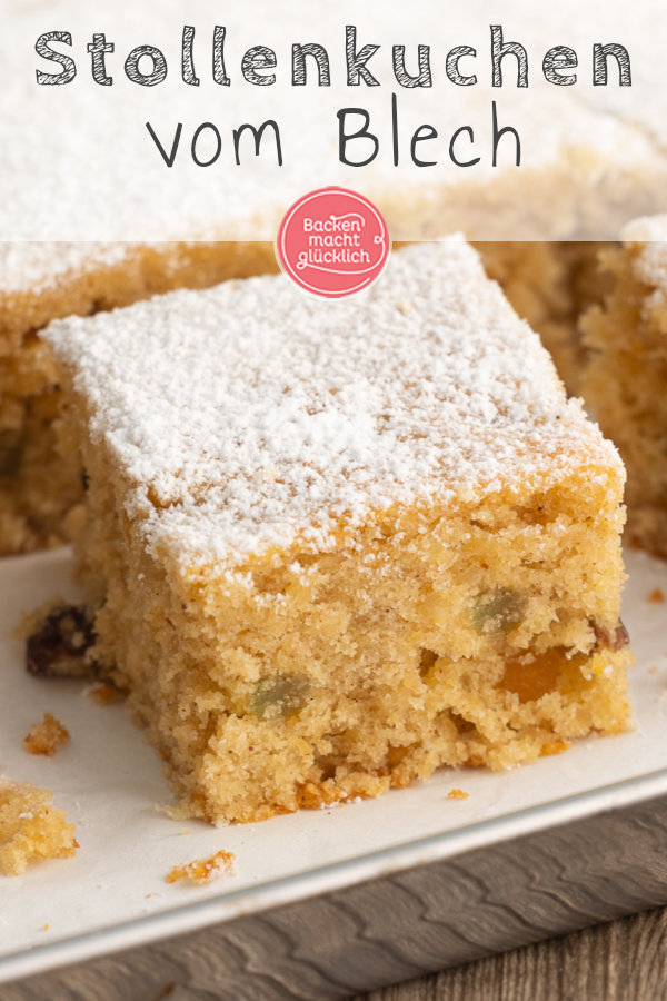 Einfaches Rezept für Stollenblechkuchen ohne Hefe. Wunderbar saftig, weihnachtlich und schnell fertig.