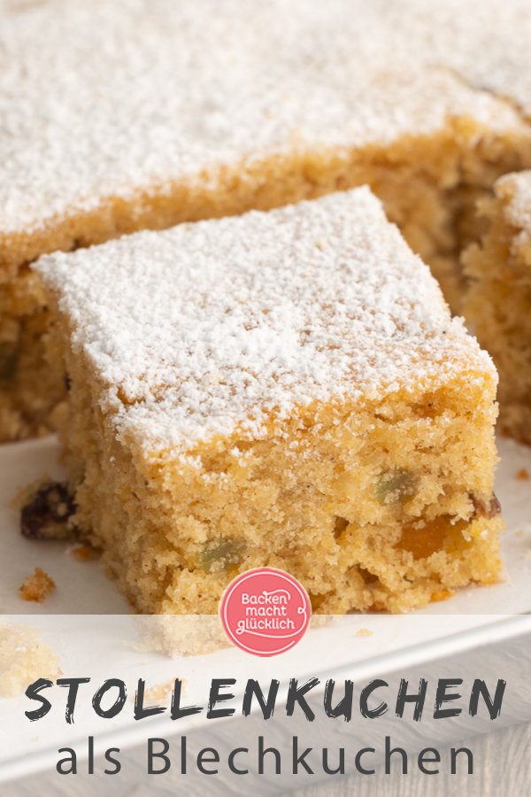 Einfaches Rezept für Stollenblechkuchen ohne Hefe. Wunderbar saftig, weihnachtlich und schnell fertig.