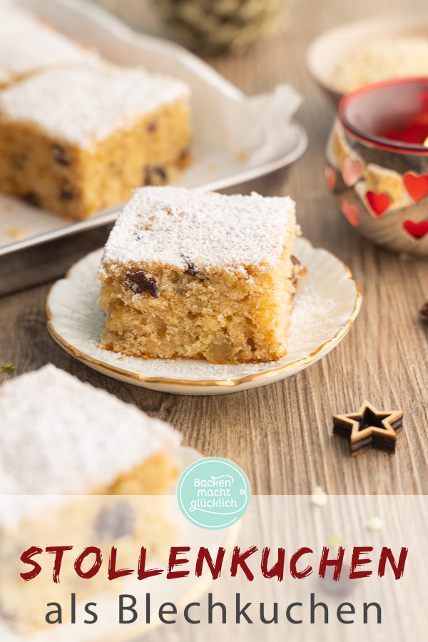 Einfaches Rezept für Stollenblechkuchen ohne Hefe. Wunderbar saftig, weihnachtlich und schnell fertig.