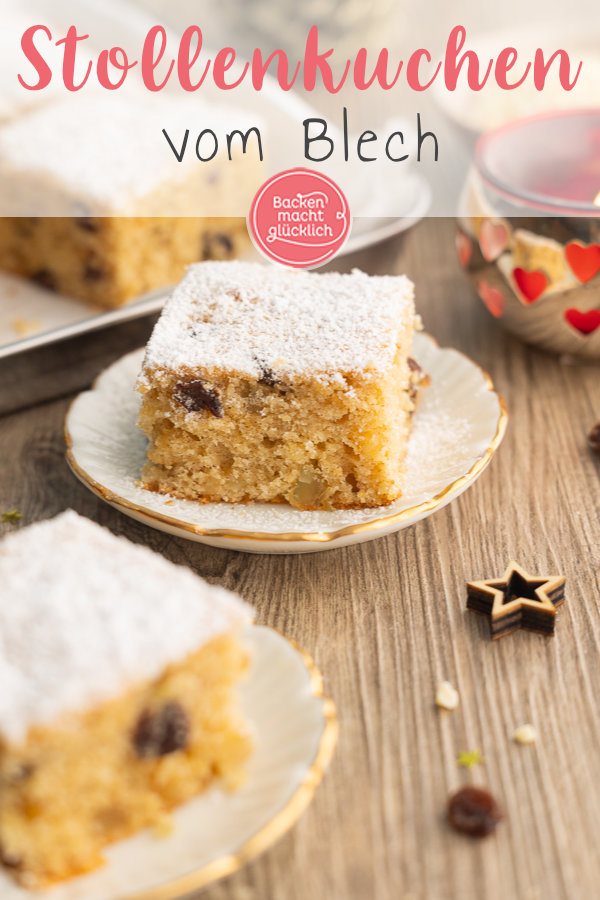 Einfaches Rezept für Stollenblechkuchen ohne Hefe. Wunderbar saftig, weihnachtlich und schnell fertig.