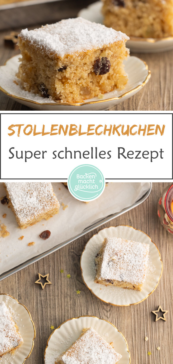 Einfaches Rezept für Stollenblechkuchen ohne Hefe. Wunderbar saftig, weihnachtlich und schnell fertig.