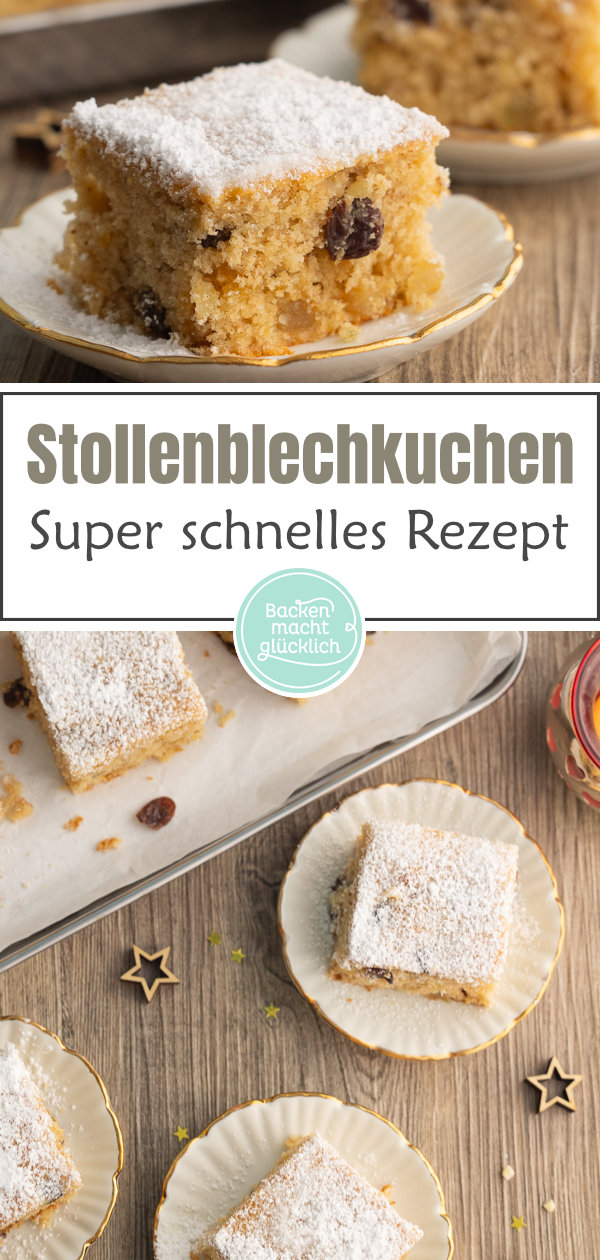 Einfaches Rezept für Stollenblechkuchen ohne Hefe. Wunderbar saftig, weihnachtlich und schnell fertig.
