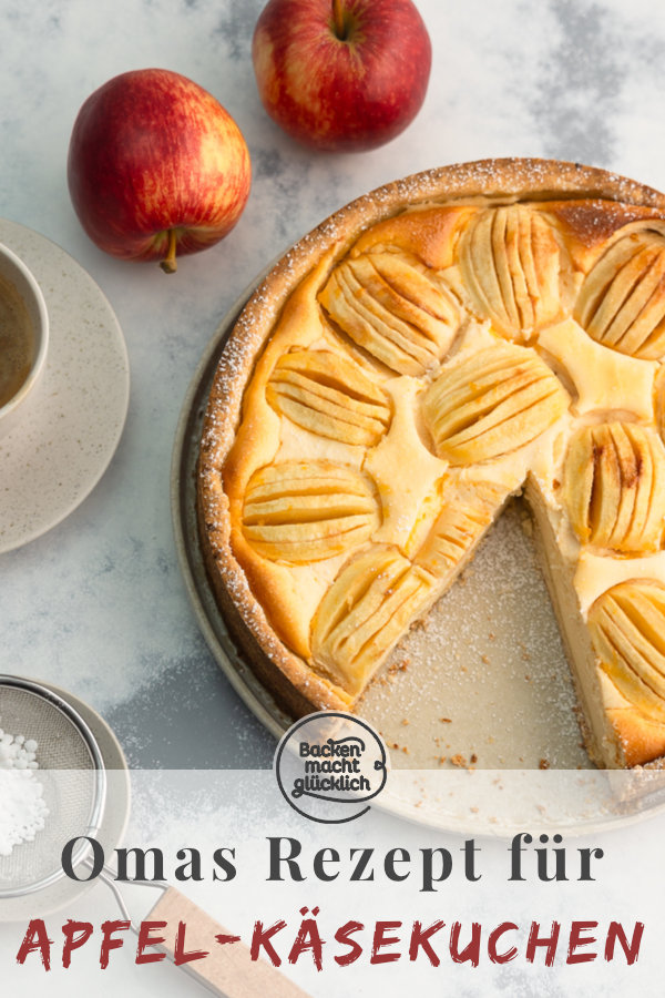 Feiner Apfel-Käsekuchen aus knusprigem Mürbeteig, cremiger Quarkfüllung und fruchtigem Obst. Ein echter Klassiker!