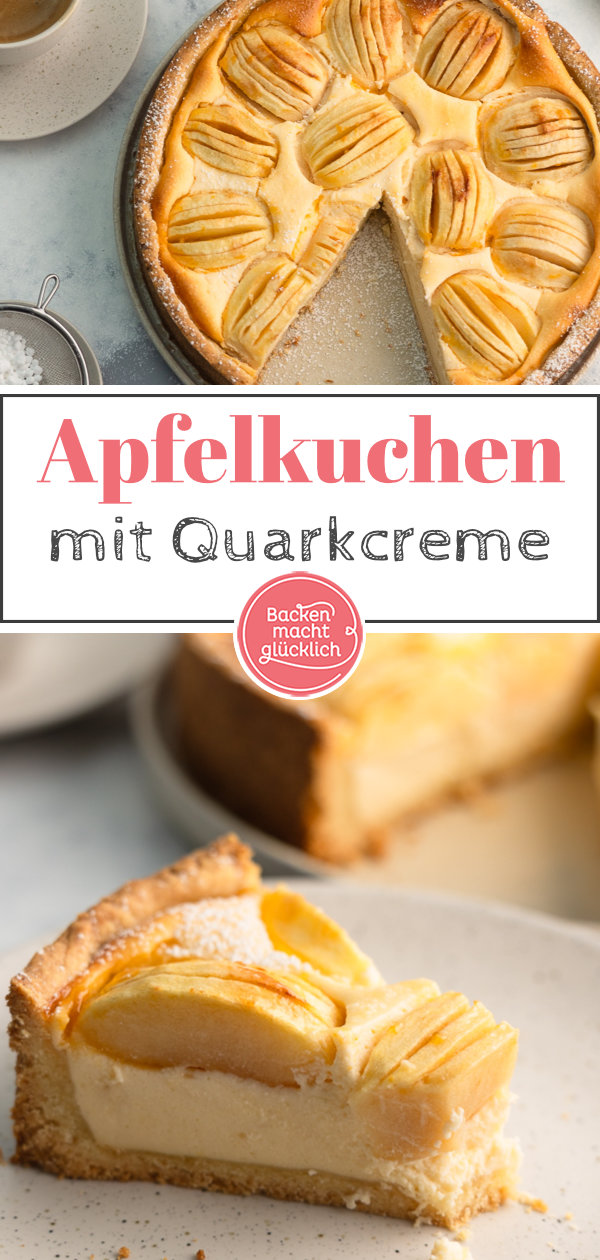 Feiner Apfel-Käsekuchen aus knusprigem Mürbeteig, cremiger Quarkfüllung und fruchtigem Obst. Ein echter Klassiker!