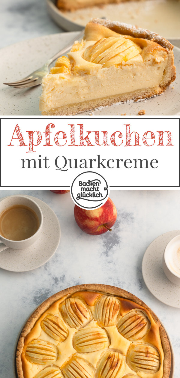 Feiner Apfel-Käsekuchen aus knusprigem Mürbeteig, cremiger Quarkfüllung und fruchtigem Obst. Ein echter Klassiker!
