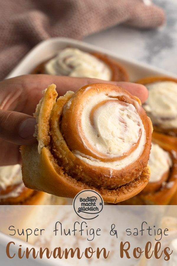Original amerikanische Zimtschnecken, die wie für Cinnamon Rolls üblich besonders weich, üppig und saftig sind, und nach dem Backen mit einem Frischkäsefrosting bestrichen werden