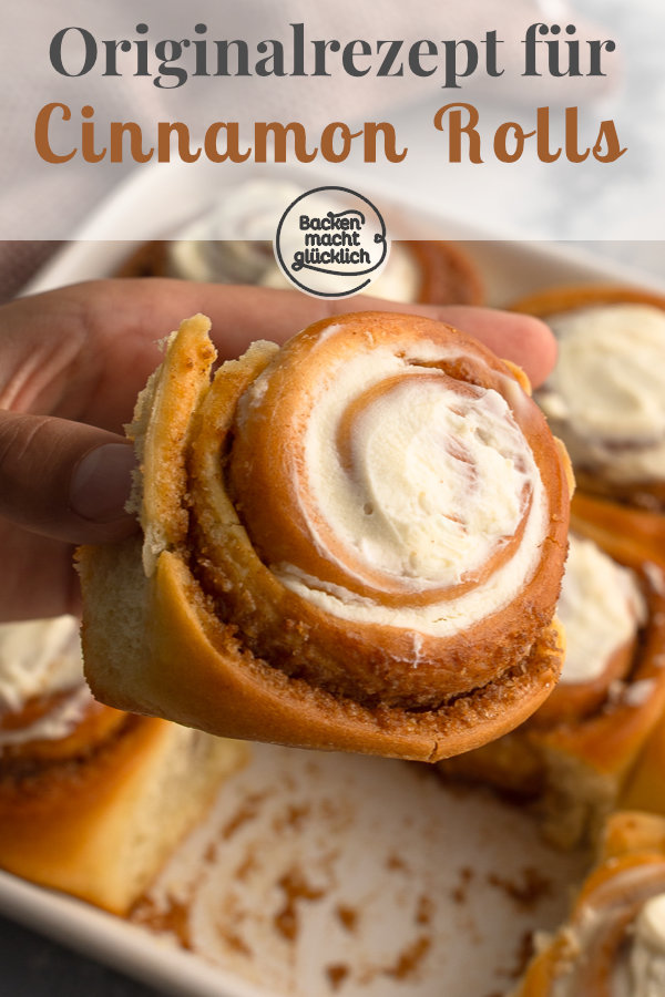 Original amerikanische Zimtschnecken, die wie für Cinnamon Rolls üblich besonders weich, üppig und saftig sind, und nach dem Backen mit einem Frischkäsefrosting bestrichen werden