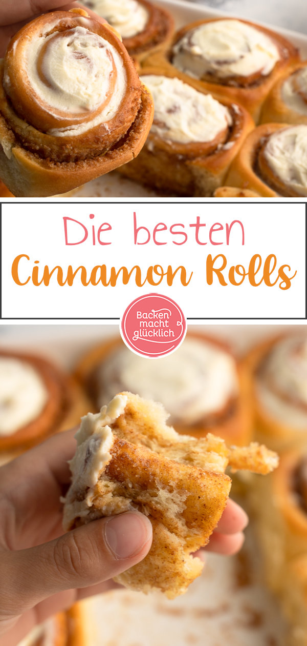 Original amerikanische Zimtschnecken, die wie für Cinnamon Rolls üblich besonders weich, üppig und saftig sind, und nach dem Backen mit einem Frischkäsefrosting bestrichen werden