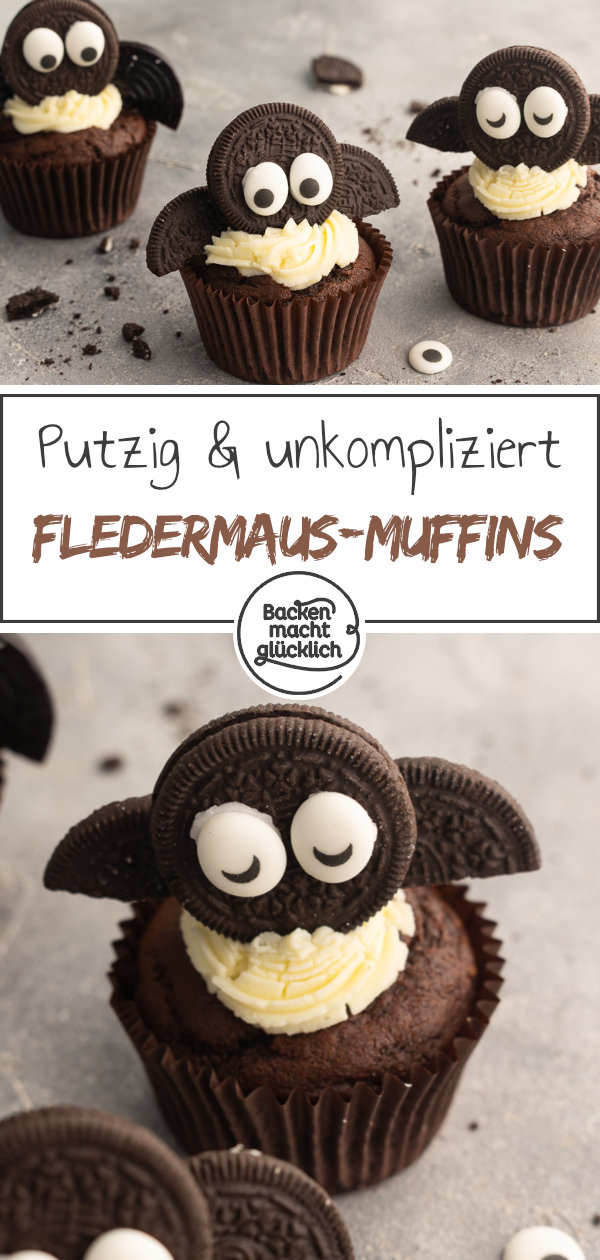 Witzige Cupcakes in Fledermaus-Optik aus saftige Schokoteig und Keks-Deko. Perfekt für Halloween‑Partys und zum Backen mit Kindern!