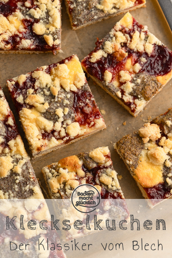 Himmlischer Kleckskuchen vom Blech mit fluffigem Hefeteig, Quarkcreme, Mohn, Streuseln und Marmelade.