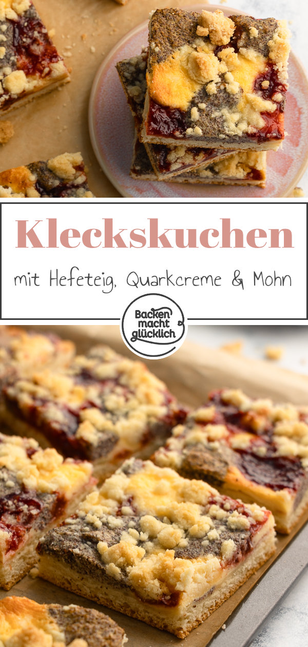 Himmlischer Kleckskuchen vom Blech mit fluffigem Hefeteig, Quarkcreme, Mohn, Streuseln und Marmelade.