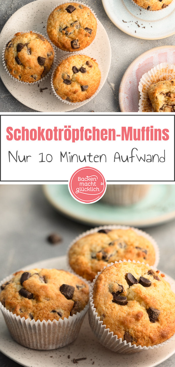 Fluffige, saftige Muffins mit Schokotröpfchen oder -chunks. Wenige Zutaten, max. 10 Minuten Aufwand: Ihr werdet das Rezept lieben!