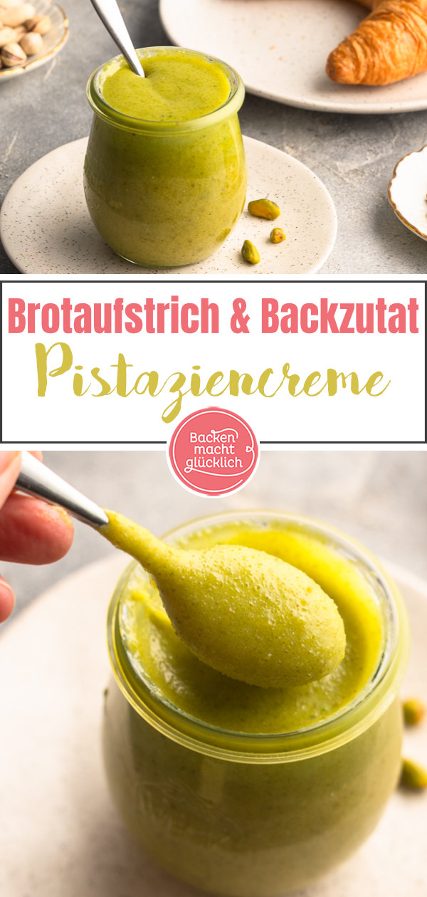 Einfaches Rezept für super samtige, grüne Pistaziencreme aus 5 Zutaten. Perfekt als Brotaufstrich, für Desserts & Gebäck!