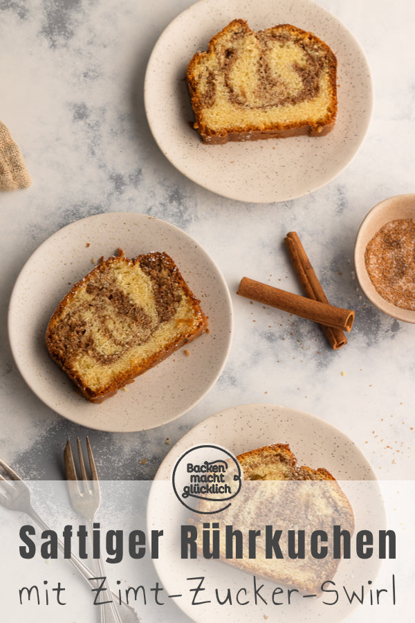 Omas Zimtkuchen aus der Kastenform ist herrlich: super saftig, aus einfachem Rührteig, marmoriert & mit Zimt-Zucker-Swirl ♥