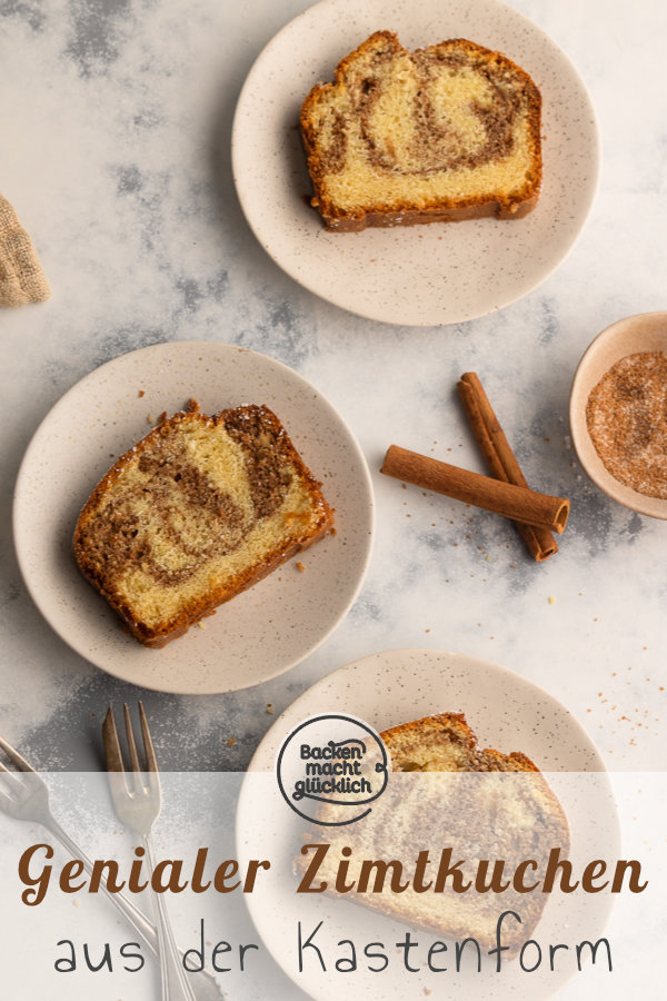 Omas Zimtkuchen aus der Kastenform ist herrlich: super saftig, aus einfachem Rührteig, marmoriert & mit Zimt-Zucker-Swirl ♥