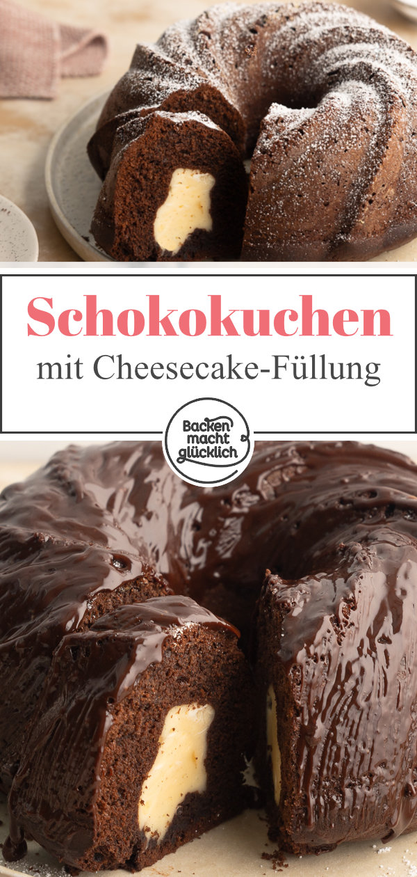 Einfacher saftiger Schokokuchen mit Käsekuchen-Füllung: Himmlisch lecker & mit tollem Überraschungseffekt beim Anschneiden!