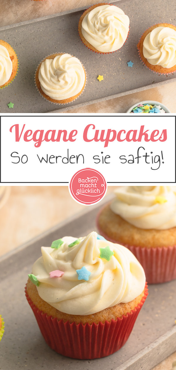 Einfaches Grundrezept für saftige vegane Cupcakes ohne Eier, Butter und Milch. Mit veganem Frosting. Lässt sich super abwandeln