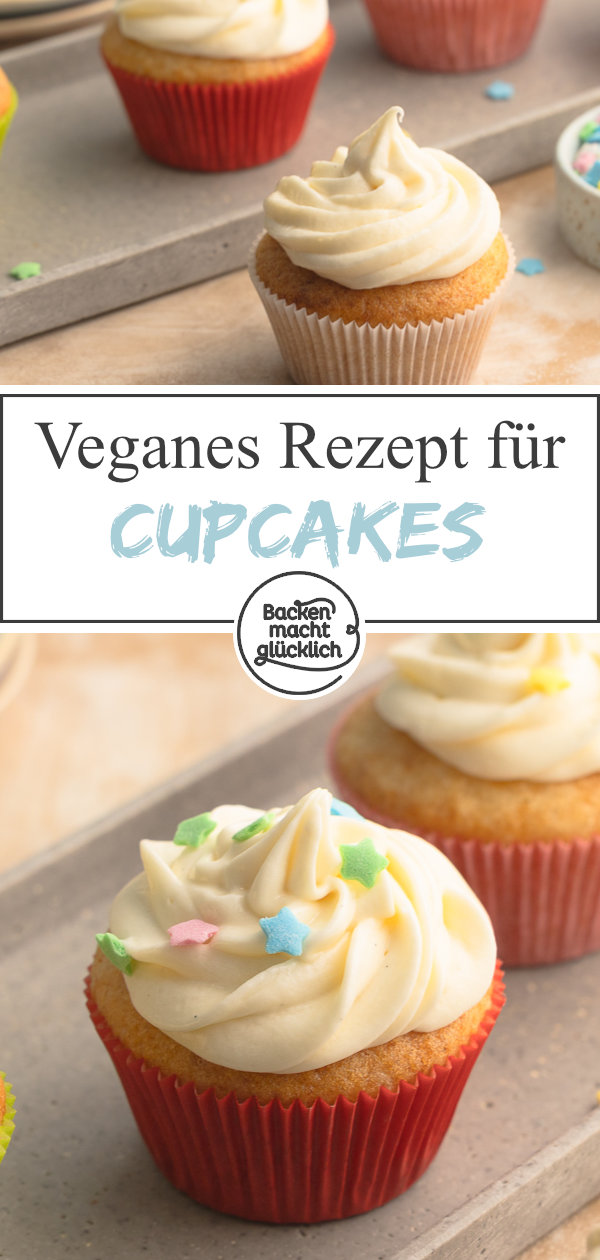 Einfaches Grundrezept für saftige vegane Cupcakes ohne Eier, Butter und Milch. Mit veganem Frosting. Lässt sich super abwandeln
