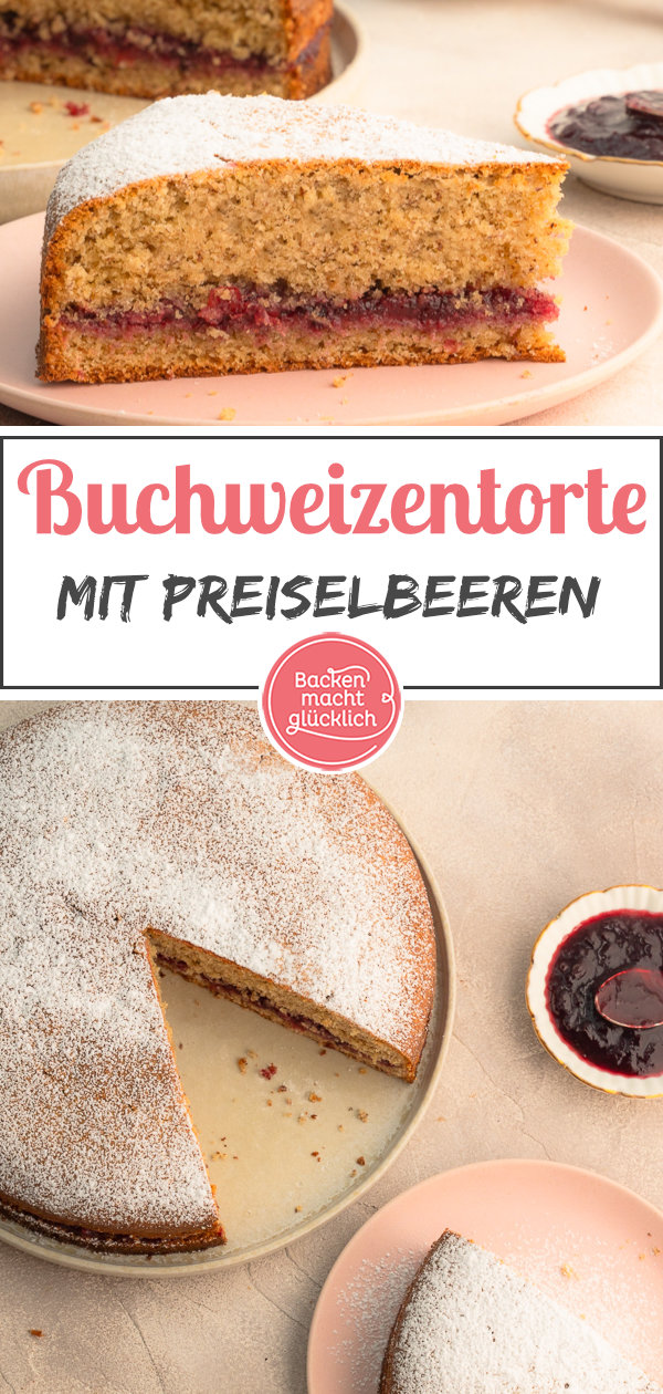 Klassische Südtiroler Buchweizentorte mit Preiselbeeren: Mit diesem Rezept wird sie herrlich saftig, nussig und glutenfrei.