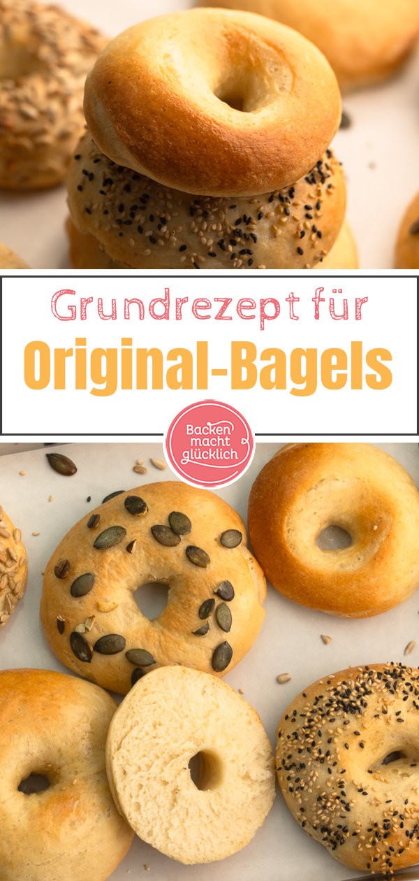 Original amerikanische Bagels sind schon was Besonderes! Mit diesem Grundrezept gelingen die fluffigen Bagels auch Zuhause - egal ob süß oder salzig. #bagels #frühstück #americanstyle #backenmachtglücklich