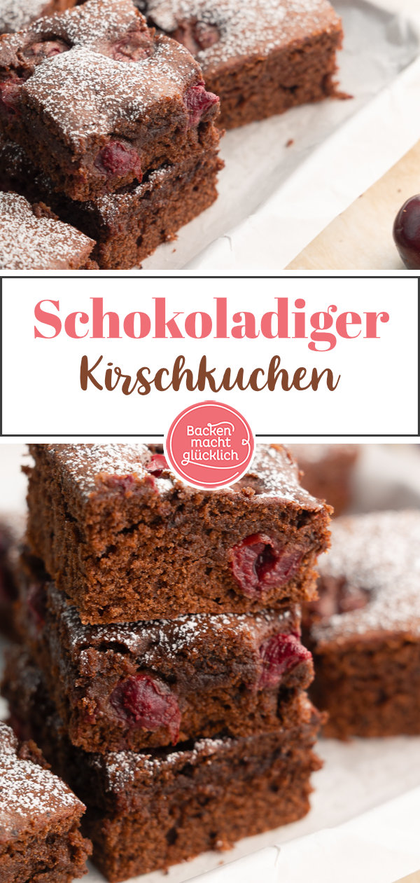 Dieser saftige Schoko-Kirschkuchen vom Blech vereint leicht herbe Zartbitterschokolade und fruchtig süße Kirschen. Der Schokoladenkuchen mit Kirschen ist ein echtes Geschmackserlebnis und ein toller Snack für den Sommer. #schoko #schokoladenkuchen #kuchen #kirschen #kirschkuchen #schokolade #backenmachtglücklich
