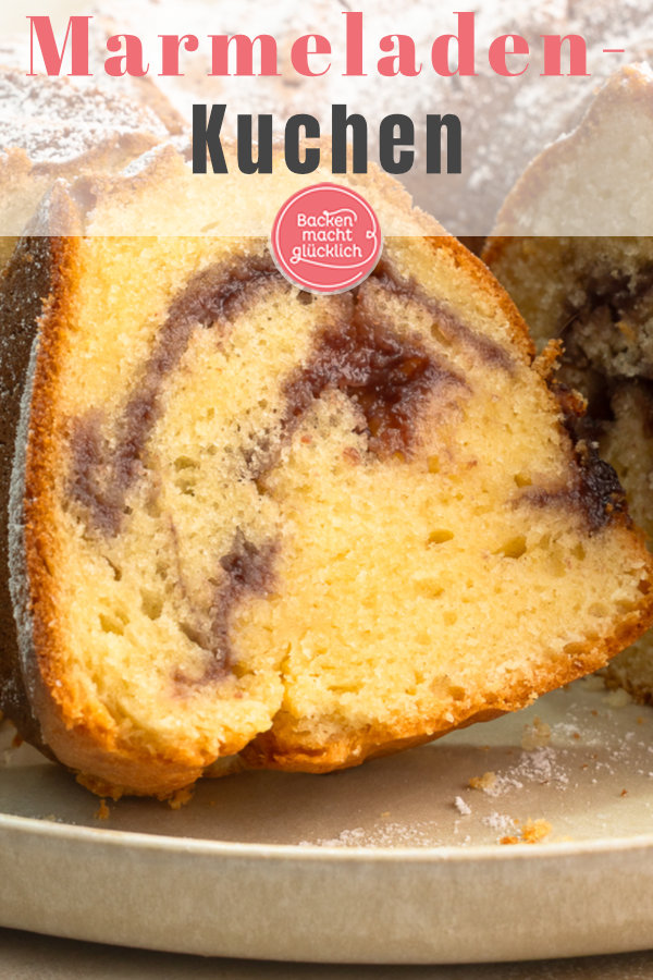Herrlich saftiger Marmeladen-Kuchen mit Rührteig und schönem Swirl. Eignet sich perfekt für Marmeladen-Reste