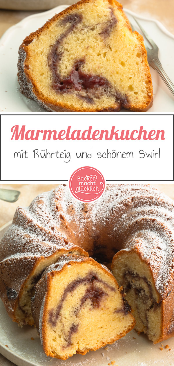 Herrlich saftiger Marmeladen-Kuchen mit Rührteig und schönem Swirl. Eignet sich perfekt für Marmeladen-Reste