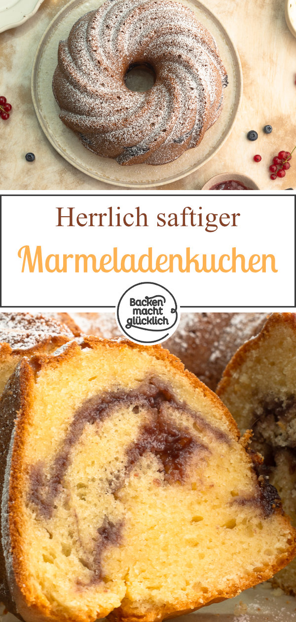 Herrlich saftiger Marmeladen-Kuchen mit Rührteig und schönem Swirl. Eignet sich perfekt für Marmeladen-Reste