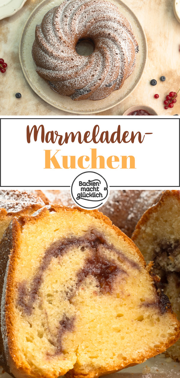 Herrlich saftiger Marmeladen-Kuchen mit Rührteig und schönem Swirl. Eignet sich perfekt für Marmeladen-Reste